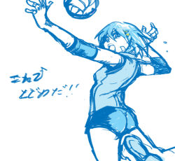 Rule 34 | 10s, 1girl, alternate costume, ass, ball, bandages, blue hair, blue theme, foot out of frame, hair ornament, hairclip, jumping, mahou shoujo madoka magica, mahou shoujo madoka magica (anime), miki sayaka, monochrome, open mouth, playing sports, silverxp, simple background, solo, sportswear, spot color, translated, volleyball, volleyball (object), volleyball uniform, white background