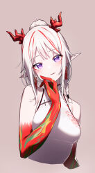 Rule 34 | 1girl, absurdres, arknights, bandeau, bare shoulders, beudelb, braid, breasts, brown background, china dress, chinese clothes, colored skin, dragon girl, dragon horns, dress, earrings, gradient skin, grey hair, hair bun, highres, horns, jewelry, large breasts, looking at viewer, multicolored hair, multicolored skin, nian (arknights), parted lips, pointy ears, portrait, print dress, purple eyes, red bandeau, red hair, red horns, red skin, sidelocks, simple background, single braid, solo, streaked hair, two-tone hair, upper body