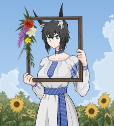 Rule 34 | 1girl, absurdres, animal ears, arbor spirit, artist name, black hair, blue sky, breasts, choker, cloud, collarbone, dress, empty picture frame, flower, fox ears, green eyes, highres, large breasts, light smile, long dress, long sleeves, looking at viewer, original, picture frame, short hair, shy, sky, solo, sunflower