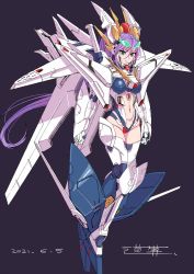 Rule 34 | 1girl, breasts, clenched hands, crossed legs, dated, floating, floating hair, green eyes, grey background, gundam, gundam hathaway&#039;s flash, highres, long hair, looking at viewer, looking to the side, mecha musume, medium breasts, michi kuso, personification, ponytail, purple hair, solo, v-fin, xi gundam