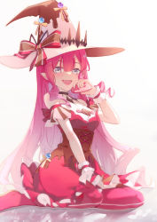 Rule 34 | 1girl, :d, baobhan sith (fate), baobhan sith (valentine witches) (fate), boots, bow, corset, fang, fate/grand order, fate (series), food-themed clothes, full body, grey eyes, hat, hat bow, heart, highres, kneeling, ling huanxiang, long hair, looking at viewer, multicolored bow, open mouth, pink hair, pink hat, red footwear, red skirt, simple background, skirt, smile, solo, striped, striped bow, thigh boots, thighhighs, white background, witch hat, wrist cuffs