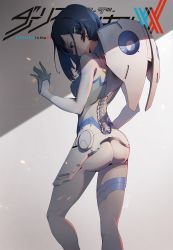 Rule 34 | 10s, 1girl, ass, big.c, blue hair, bodysuit, copyright name, darling in the franxx, green eyes, hair ornament, hairclip, highres, ichigo (darling in the franxx), looking down, pilot suit, short hair, solo, spine, white background, white bodysuit