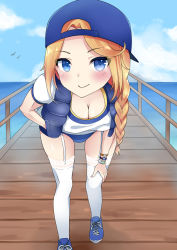 Rule 34 | 10s, 1girl, backwards hat, blonde hair, blue eyes, blue vest, blush, braid, breasts, buruma, cleavage, commentary, down jacket, downblouse, garter straps, gym uniform, hanging breasts, hat, jacket, jockey, kaetzchen, kantai collection, lace, lace-trimmed legwear, lace trim, leaning forward, looking at viewer, medium breasts, new jersey (belated battleships), original, shoes, smile, solo, sports bra, sportswear, standing, thighhighs, uss new jersey (bb-62), vest, watch, white thighhighs, wristwatch