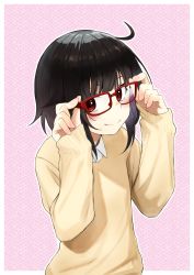 Rule 34 | 1girl, ahoge, alternate costume, bespectacled, black hair, border, brown sweater, collared shirt, commentary request, contemporary, glasses, hands up, highres, izawa (bhive003), kono subarashii sekai ni shukufuku wo!, looking at viewer, megumin, outline, red-framed eyewear, red eyes, revision, shirt, short hair, sleeves past wrists, smile, solo, sweater, upper body, white border, white outline, white shirt