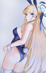 Rule 34 | 1girl, animal ears, ass, back, bare shoulders, blonde hair, blue archive, blue eyes, blue leotard, braid, breasts, cliov, detached collar, earpiece, fake animal ears, fake tail, french braid, hair ribbon, highleg, highleg leotard, highres, leotard, long hair, looking at viewer, looking back, medium breasts, official alternate costume, playboy bunny, rabbit ears, rabbit tail, ribbon, solo, tail, thighhighs, thighs, toki (blue archive), toki (bunny) (blue archive), very long hair, wrist cuffs
