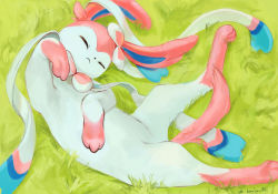 Rule 34 | closed mouth, commentary request, creatures (company), day, closed eyes, from above, game freak, gen 6 pokemon, grass, highres, koala 0l, lying, nintendo, no humans, on back, outdoors, pokemon, pokemon (creature), solo, sylveon, twitter username