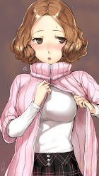 Rule 34 | 10s, 1girl, blush, breasts, brown eyes, brown hair, curly hair, forehead, large breasts, looking away, okumura haru, parted bangs, persona, persona 5, plaid, plaid skirt, poco (backboa), short hair, skirt, solo, sweatdrop, sweater, turtleneck, turtleneck sweater, unzipping