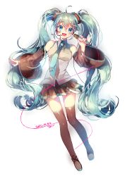 Rule 34 | 10s, 1girl, 2015, absurdres, ahoge, artist name, blue eyes, dated, detached sleeves, green hair, hatsune miku, headset, highres, long hair, microphone, necktie, open mouth, skirt, solo, tears namida, thighhighs, twintails, very long hair, vocaloid, white background