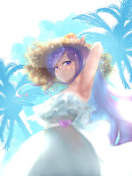 Rule 34 | 1girl, arm up, armpits, blush, closed mouth, commentary request, cowboy shot, dress, frilled dress, frills, from below, hat, highres, honey strap, long hair, looking at viewer, looking down, nanashi inc., palm tree, purple eyes, purple hair, saionji mary, sidelocks, smile, solo, strapless, strapless dress, straw hat, tree, very long hair, virtual youtuber, white dress, yamashita tomu
