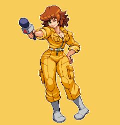 Rule 34 | 1girl, april o&#039;neil, belt, big hair, boots, breasts, brown hair, cleavage, commentary, english commentary, full body, green eyes, grey footwear, hand on own hip, holding, holding microphone, jumpsuit, knee pads, medium breasts, medium hair, microphone, nicotinefist, outstretched arm, pigeon-toed, pixel art, pouch, reporter, sleeves pushed up, smile, solo, teenage mutant ninja turtles, white belt, yellow background, yellow jumpsuit, zipper