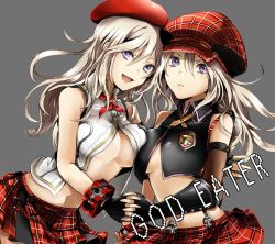 Rule 34 | 10s, 2girls, :d, alisa ilinichina amiella, bare shoulders, beret, black gloves, blue eyes, breast press, breasts, cabbie hat, cleavage, copyright name, elbow gloves, fingerless gloves, gloves, god eater, god eater 2: rage burst, god eater burst, grey background, holding hands, hat, interlocked fingers, kooma, long hair, looking at viewer, multiple girls, open mouth, plaid, plaid skirt, skirt, smile, suspender skirt, suspenders, time paradox, vest