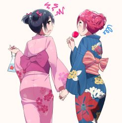 Rule 34 | 10s, 2girls, alternate hairstyle, angry, bad id, bad pixiv id, bag, black hair, candy apple, dobasisi, double bun, fang, fish, food, goldfish, hair bun, highres, holding hands, japanese clothes, kasa list, kimono, love live!, love live! school idol festival, love live! school idol project, multiple girls, nishikino maki, open mouth, purple eyes, red eyes, red hair, short hair, simple background, squiggle, tongue, yazawa nico