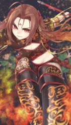 Rule 34 | 1girl, ahoge, breasts, brown eyes, brown hair, china dress, chinese clothes, cleavage, cleavage cutout, clothing cutout, dress, facial mark, fate (series), fire, forehead mark, hair ornament, highres, jewelry, long hair, nezha (fate), pixiv fate/grand order contest 2, solo, thighhighs, twintails, weapon, yuurei447