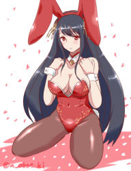 Rule 34 | 10s, 1girl, adapted costume, akai akasaki, alternate costume, animal ears, black hair, breasts, cleavage, detached collar, fake animal ears, fusou (kancolle), kantai collection, large breasts, long hair, pantyhose, playboy bunny, rabbit ears, rabbit tail, red eyes, tail, very long hair, wrist cuffs