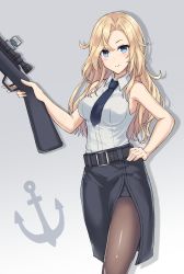 Rule 34 | 1girl, anchor symbol, bare arms, bare shoulders, belt, belt buckle, black belt, black necktie, black skirt, blonde hair, blue eyes, blush, breasts, brown pantyhose, buckle, closed mouth, collared shirt, commentary request, dress shirt, drop shadow, gradient background, grey background, gun, hand on own hip, highres, holding, holding gun, holding weapon, hornet (kancolle), kantai collection, long hair, looking at viewer, medium breasts, monoku, necktie, pantyhose, parted bangs, rifle, scope, shirt, skirt, sleeveless, sleeveless shirt, smile, sniper rifle, solo, very long hair, weapon, weapon request, white background, white shirt