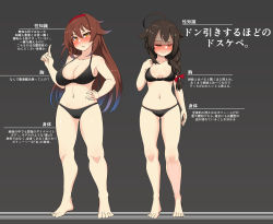 Rule 34 | 2girls, ahgoe, ahoge, barefoot, black bra, black hair, black panties, blue hair, blush, bra, braid, breasts, brown hair, cleavage, closed eyes, commentary request, embarrassed, full body, gradient hair, hair flaps, hair ornament, hair over shoulder, hairband, hand on own hip, hand up, highres, index finger raised, kantai collection, konoshige (ryuun), large breasts, long hair, looking at viewer, multicolored hair, multiple girls, navel, nose blush, orange eyes, panties, red hairband, shigure (kancolle), shiratsuyu (kancolle), shiratsuyu kai ni (kancolle), single braid, small breasts, standing, translation request, underwear, underwear only