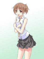 Rule 34 | 00s, 1girl, alternate costume, bare shoulders, book, hugging book, brown eyes, brown hair, casual, dress, gradient background, hirasawa ui, holding, holding book, k-on!, mikaze takashi, necktie, hugging object, open mouth, ponytail, round teeth, short hair, sleeveless, sleeveless dress, smile, solo, teeth