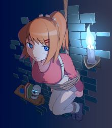 Rule 34 | 1girl, absurdres, blue eyes, book, bound, bound ankles, bound torso, candle, clenched hands, collarbone, frown, gradient background, hair ornament, hairpin, highres, looking at viewer, mechanic (terraria), medaman, onytail, orange hair, overalls, ponytail, red shirt, restrained, rope, shirt, skull, solo, suspension, sweatdrop, terraria