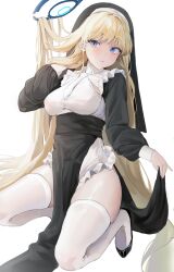 Rule 34 | 1girl, absurdres, alternate costume, black footwear, blonde hair, blue archive, blue eyes, blue halo, breasts, closed mouth, coif, habit, halo, highres, large breasts, long hair, long sleeves, nun, shoes, simple background, solo, thighhighs, toki (blue archive), white background, white thighhighs, xu wen (bbb2822828)