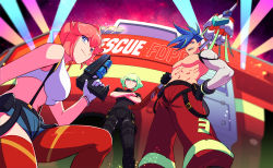 Rule 34 | 1girl, 2boys, aina ardebit, asymmetrical legwear, bae (baebae), belt pouch, black gloves, black jacket, blue eyes, breasts, cropped jacket, detached sleeves, eyes visible through hair, fire truck, firefighter, galo thymos, gloves, green hair, half gloves, jacket, large breasts, lio fotia, male focus, matoi, motor vehicle, multiple boys, pink hair, pouch, promare, purple eyes, red legwear, short hair, side ponytail, single detached sleeve, spiked hair, suspenders, topless male, truck, uneven legwear, white gloves