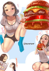 Rule 34 | 2girls, absurdres, bacon, blush stickers, breasts, brown eyes, brown hair, burger, cheese, chibi, cleavage, eating, female focus, food, from side, highres, holding, holding food, ketchup, large breasts, lettuce, looking at breasts, multiple girls, musical note, open mouth, original, sitting, socks, spoken musical note, tearontaron, tomato, twitter username