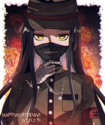 Rule 34 | 1boy, bad id, bad pixiv id, bandaged hand, bandages, black hair, chain, commentary request, covered mouth, danganronpa (series), danganronpa v3: killing harmony, dated, floral background, flower, gakuran, hand on own chin, hand up, happy birthday, hat, jacket, long hair, long sleeves, looking at viewer, male focus, mask, mikao (eanv5385), mouth mask, peaked cap, school uniform, shinguji korekiyo, spider lily, surgical mask, upper body