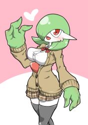 Rule 34 | 1girl, arm at side, black thighhighs, blush, bob cut, bowtie, breasts, brown cardigan, brown skirt, buttons, cardigan, clothed pokemon, collared shirt, colored skin, creatures (company), female focus, game freak, gardevoir, gen 3 pokemon, green hair, green skin, hair over one eye, hand up, happy, heart, kazamidoririnn, long sleeves, looking at viewer, medium breasts, miniskirt, multicolored skin, nintendo, one eye covered, open cardigan, open clothes, open mouth, personification, pink background, plaid, plaid skirt, pleated skirt, pokemon, pokemon (creature), red bow, red bowtie, red eyes, school uniform, shiny skin, shirt, short hair, simple background, skirt, smile, solo, standing, thighhighs, thighs, two-tone background, two-tone skin, variant set, white shirt, white skin, zettai ryouiki