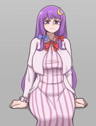 Rule 34 | 1girl, blue bow, bow, bowtie, breasts, commentary, covered navel, crescent, crescent hair ornament, grey background, hair bow, hair ornament, highres, jacket, large breasts, long hair, long sleeves, looking at viewer, mata (matasoup), no headwear, patchouli knowledge, plump, purple eyes, purple hair, red bow, red bowtie, sexually suggestive, shadow, simple background, sitting, solo, striped, touhou, very long hair