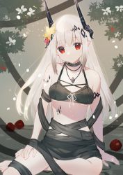 Rule 34 | 1girl, akagashi hagane, apple, arknights, armlet, bare legs, bare shoulders, barefoot, breasts, cleavage, closed mouth, collarbone, flower, food, fruit, gradient background, grey background, hair flower, hair ornament, horns, jewelry, long hair, looking at viewer, material growth, medium breasts, mudrock (arknights), mudrock (silent night) (arknights), navel, necklace, official alternate costume, oripathy lesion (arknights), pointy ears, red eyes, red flower, see-through, sidelocks, silver hair, sitting, solo, underboob, very long hair, yellow flower