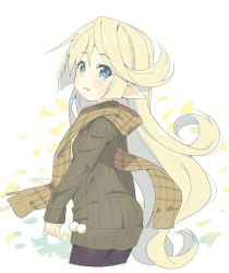 Rule 34 | 1girl, black pantyhose, blonde hair, blue eyes, brown scarf, brown sweater, charlotta (granblue fantasy), commentary request, cowboy shot, hair between eyes, long hair, long sleeves, looking at viewer, looking back, meito (maze), original, pantyhose, parted lips, plaid, plaid scarf, pointy ears, pom pom (clothes), scarf, sleeves past wrists, smile, solo, sweater, very long hair, white background
