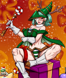 Rule 34 | 1girl, 7th-heaven, artist logo, artist name, bare shoulders, boots, breasts, bulma, capsule corp, christmas, cosplay, dark magician girl (cosplay), dragon ball, dragon ball (classic), dragonball z, earrings, female focus, gloves, green eyes, green hair, hat, highres, jewelry, large breasts, looking at viewer, muscular, muscular female, navel, open mouth, red-tinted eyewear, scouter, sitting, smile, solo, staff, tagme, teeth, thighs, tinted eyewear, white footwear, white gloves, yu-gi-oh!