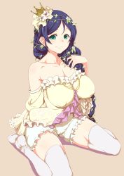 Rule 34 | 10s, 1girl, alternate hairstyle, bare shoulders, bloomers, blue hair, braid, breasts, brown background, clearite, cleavage, covered erect nipples, crown, flower, frills, green eyes, hair flower, hair ornament, hair over shoulder, highres, large breasts, long hair, love live!, love live! school idol festival, love live! school idol project, plant, simple background, single braid, sitting, smile, solo, swept bangs, thighhighs, tojo nozomi, underwear, vines, wariza, white thighhighs