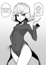 Rule 34 | 1girl, breasts, comic, covered navel, cowboy shot, curly hair, dress, english text, facing viewer, gradient background, grey background, greyscale, hand on own hip, imminent rape, index finger raised, jj.jj, looking at viewer, monochrome, one-punch man, pelvic curtain, short hair, simple background, small breasts, solo, speech bubble, standing, tatsumaki