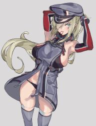 Rule 34 | 1girl, absurdres, adjusting hair, aqua eyes, arms up, bismarck (kancolle), black panties, blonde hair, breasts, commentary, detached sleeves, grey background, grey hat, grey thighhighs, hair over one eye, hair tie in mouth, hat, highres, kantai collection, kazukingu, large breasts, long hair, military, military uniform, mouth hold, panties, peaked cap, sideboob, simple background, skindentation, solo, thighhighs, underwear, uniform, very long hair