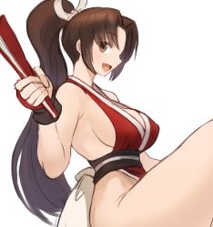 Rule 34 | 1girl, :d, breasts, brown eyes, brown hair, curvy, fatal fury, female focus, folding fan, gauntlets, gloves, hand fan, happy, highleg, highres, holding, holding fan, japanese clothes, large breasts, long hair, looking to the side, matching hair/eyes, ninja, open mouth, ponytail, red gloves, revealing clothes, shiranui mai, sideboob, simple background, sitting, sketch, smile, solo, sookmo, the king of fighters, thick thighs, thighs, white background
