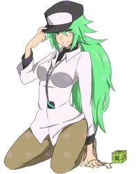 Rule 34 | 10s, blush, breasts, creatures (company), game freak, gender request, genderswap, green eyes, green hair, hat, image sample, jewelry, long hair, n (pokemon), necklace, nintendo, pixiv sample, pokemon, pokemon bw, ponytail, resized, simple background, sitting, smile, star (symbol), void cube