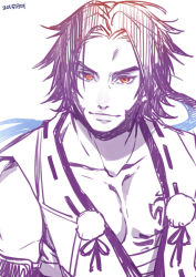 Rule 34 | 10s, 1boy, collarbone, dated, japanese clothes, limited palette, long sideburns, looking at viewer, male focus, monochrome, siddham, sideburns, simple background, solo, sumeragi kohaku, tonbokiri (touken ranbu), touken ranbu, upper body, white background