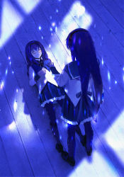 Rule 34 | 2girls, akemi homura, argyle, argyle clothes, argyle legwear, bad id, bad pixiv id, behind another, black footwear, black hair, black skirt, blue theme, capelet, closed eyes, closed mouth, commentary request, dual persona, frilled skirt, frills, from above, glasses, highres, iceblue, long hair, long sleeves, lying, magical girl, mahou shoujo madoka magica, mahou shoujo madoka magica (anime), multiple girls, on back, pantyhose, purple capelet, purple ribbon, red-framed eyewear, ribbon, shirt, shoes, skirt, standing, time paradox, white shirt, wooden floor