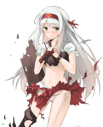 Rule 34 | 10s, 1girl, armor, blush, broken armor, damaged, gloves, green eyes, groin, hairband, japanese clothes, kantai collection, long hair, looking at viewer, muneate, navel, nueco, panties, shoukaku (kancolle), solo, torn clothes, underwear, white hair