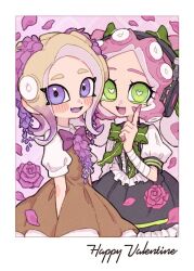 Rule 34 | 2girls, :d, arms at sides, bandaged arm, bandages, blonde hair, bluerosamarinus, blush stickers, border, bow, bowtie, bright pupils, brown dress, collared shirt, colored eyelashes, colored tongue, commentary request, dress, falling petals, fang, film grain, flower, frilled shirt, frilled skirt, frills, green bow, green bowtie, green eyes, grey skirt, hair bow, hair flower, hair ornament, hand up, happy valentine, headphones, heart, heart-shaped pupils, long hair, looking at viewer, multicolored hair, multiple girls, nintendo, octoling, octoling girl, octoling player character, open mouth, parted bangs, petals, pinafore dress, pink background, pink flower, pink hair, pointing, pointing up, puffy short sleeves, puffy sleeves, purple bow, purple bowtie, purple eyes, purple flower, purple hair, purple tongue, shirt, short sleeves, skin fang, skirt, skirt set, sleeveless, sleeveless dress, smile, splatoon (series), suction cups, symbol-shaped pupils, tentacle hair, twintails, two-tone hair, white border, white pupils, white shirt