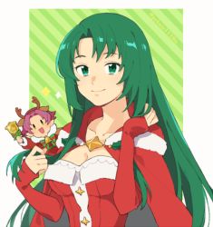 Rule 34 | 2girls, antlers, bad id, bad twitter id, bell, bow, breasts, cape, cecilia (fire emblem), cecilia (winter) (fire emblem), cleavage, closed mouth, fae (fire emblem), fae (winter) (fire emblem), fire emblem, fire emblem: the binding blade, fire emblem heroes, fur trim, green eyes, green hair, handbell, horns, long hair, long sleeves, multiple girls, nintendo, open mouth, pekaso1118n, pointy ears, purple hair, reindeer antlers, short hair, smile, twitter username, upper body