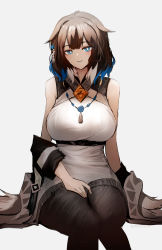 Rule 34 | 1girl, :&gt;, absurdres, animal ears, arknights, blue eyes, blue hair, breasts, bright pupils, brown hair, unworn clothes, colored tips, cowboy shot, dress, hand on leg, highres, jacket, jewelry, kjera (arknights), large breasts, lipstick, looking at viewer, makeup, multicolored hair, necklace, off shoulder, open clothes, open jacket, pantyhose, partially undressed, short hair, simple background, sitting, sleeveless, sleeveless dress, solo, underbust, wawamachi (wawamachis), white background, white dress, white pupils
