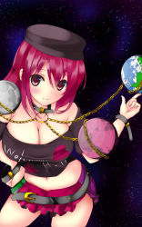 Rule 34 | 1girl, belt, blush, breasts, chain, choker, cleavage, clothes writing, contrapposto, earth (ornament), female focus, hand on own hip, hat, hecatia lapislazuli, highres, index finger raised, large breasts, light smile, looking at viewer, microskirt, midriff, mizuki (satukisen), moon (ornament), multicolored clothes, multicolored skirt, navel, red eyes, red hair, shirt, short hair, skirt, solo, standing, star (symbol), starry background, t-shirt, touhou, wristband