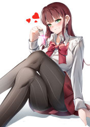 Rule 34 | 1girl, absurdres, blush, breasts, brown hair, character request, collarbone, earrings, green eyes, highres, jewelry, large breasts, crossed legs, long hair, looking at viewer, lubikaya, necktie, pantyhose, red skirt, shirt, sitting, sitting on lap, sitting on person, skirt, smile, solo, warship girls r, white background, white shirt