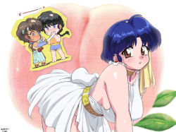 Rule 34 | 1girl, all fours, ass, bare shoulders, barefoot, blouse, blue eyes, blue hair, blush, braid, breasts, brown eyes, brown hair, chibi, chibi inset, close-up, closed mouth, collar, dated, food, from side, fruit, full-face blush, holding, holding sword, holding weapon, large breasts, legs, looking at viewer, mage (harumagedon), no panties, orange shirt, parted bangs, parted lips, peach, purple shirt, ranma 1/2, sandals, saotome ranma, shirt, short hair, single braid, sleeveless, sleeveless shirt, standing, sword, tendou akane, thighs, weapon