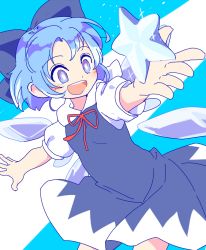 Rule 34 | 1girl, :d, blue background, blue bow, blue dress, blue eyes, blue hair, blush, bow, cirno, collared shirt, cowboy shot, detached wings, dress, facing viewer, fairy wings, hair bow, holding, holding star, ice, ice wings, looking at object, maguro (mawaru sushi), neck ribbon, open mouth, outstretched arms, pinafore dress, puffy short sleeves, puffy sleeves, red ribbon, ribbon, shirt, short hair, short sleeves, sleeveless dress, smile, solo, sparkle, star (symbol), touhou, white background, white shirt, wings