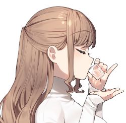 Rule 34 | 1girl, blush, breasts, brown hair, closed eyes, commentary request, cup, drinking, drinking glass, from side, highres, holding, kodama&#039;s elder sister (sakura yuki), long hair, long sleeves, original, pinky out, profile, sakura yuki (clochette), shot glass, sidelocks, simple background, solo, sweater, turtleneck, turtleneck sweater, upper body, white background, white sweater