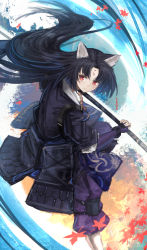 Rule 34 | 1girl, abstract background, absurdres, animal ears, arknights, autumn leaves, black gloves, black hair, black kimono, blush, bracelet, closed mouth, dog ears, elbow gloves, facial mark, fingerless gloves, forehead mark, franlol, gloves, highres, holding, holding weapon, japanese clothes, jewelry, kimono, knee pads, leaf, leg up, long hair, looking at viewer, maple leaf, naginata, pants, parted bangs, polearm, purple pants, red eyes, saga (arknights), solo, standing, standing on one leg, very long hair, weapon