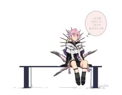 Rule 34 | 1boy, bench, black footwear, black gloves, black shorts, boots, finnick (forever 7th capital), forever 7th capital, gloves, jacket, korean text, long hair, open mouth, pink hair, sapphire (nine), short sleeves, shorts, sitting, smile, solo, speech bubble, translation request, white jacket