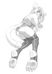 Rule 34 | 1girl, all fours, animal ears, animal feet, animal nose, ass, bad id, bad twitter id, bare shoulders, breasts, cat ears, cat girl, cat tail, claws, clothing cutout, dutch angle, feet, female focus, from behind, full body, furry, furry female, greyscale, hanging breasts, highres, inuki (aruurara), knees together feet apart, leotard, long hair, looking back, medium breasts, monochrome, original, pawpads, shiny clothes, sidelocks, simple background, sketch, solo, stirrup legwear, strapless, strapless leotard, tail, tail through clothes, thighhighs, toeless legwear, white background